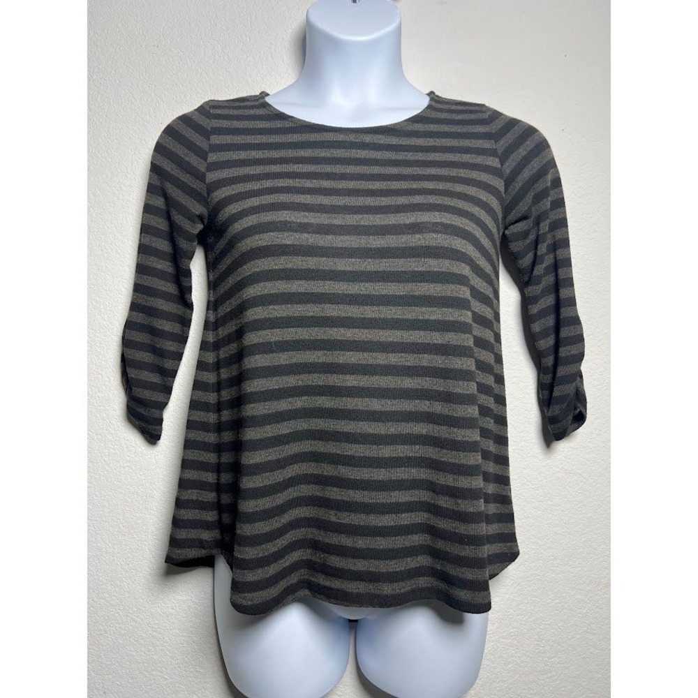 Spense Knits Striped Top S Gray Black Women Dark Academia Ruched Back Button